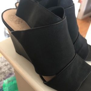 Black, wedge, open toe, sling backs